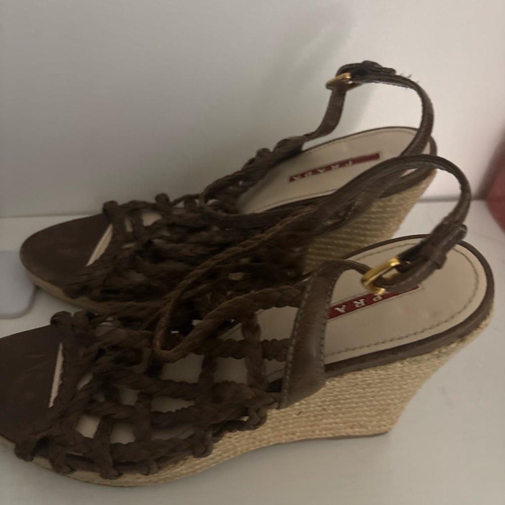 Prada Women's Brown Woven Wedges - Picture 6 of 12